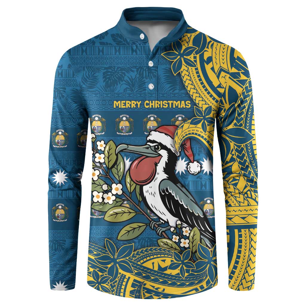 Nauru Christmas Button Sweatshirt Frigatebird Bird Santa Tribal Waves - Polynesian Pride