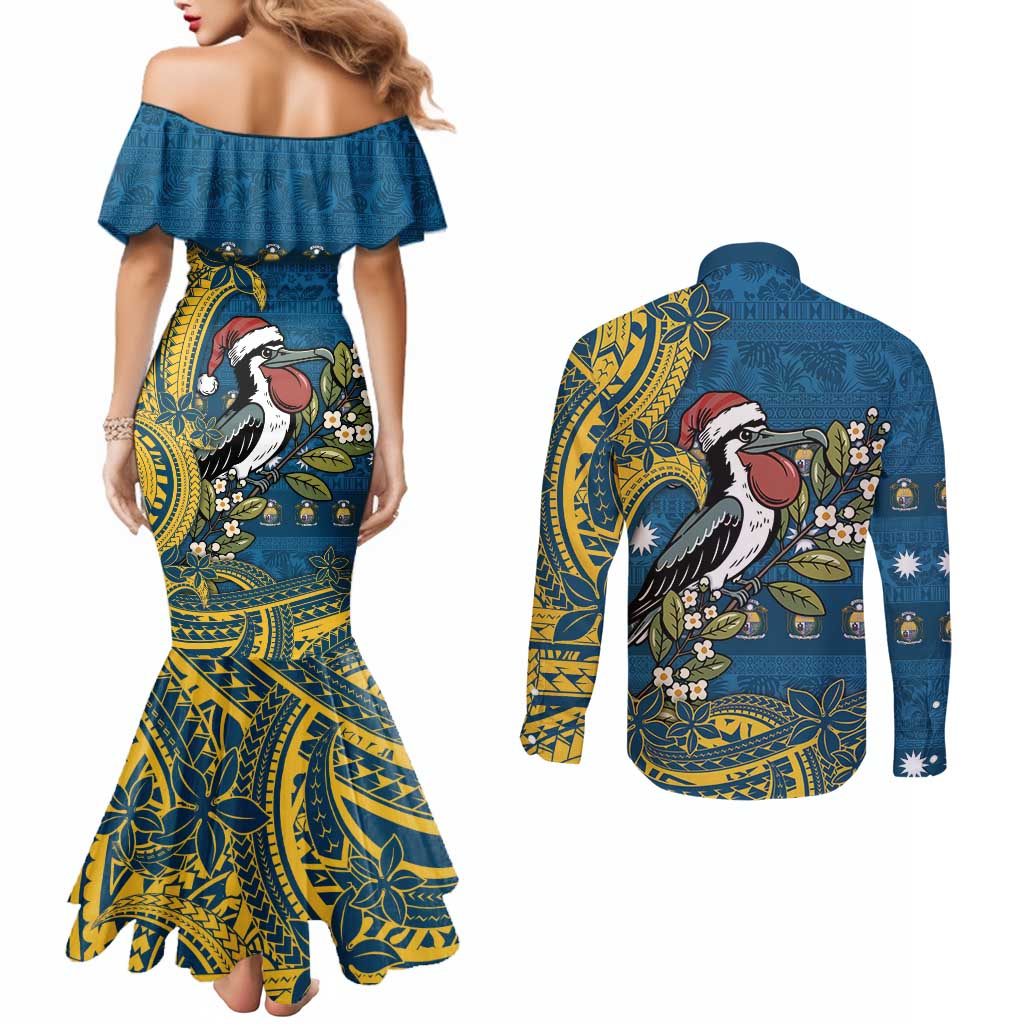 Nauru Christmas Couples Matching Mermaid Dress and Long Sleeve Button Shirt Frigatebird Bird Santa Tribal Waves - Polynesian Pride