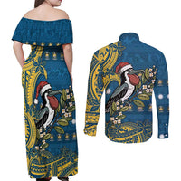 Nauru Christmas Couples Matching Off Shoulder Maxi Dress and Long Sleeve Button Shirt Frigatebird Bird Santa Tribal Waves - Polynesian Pride