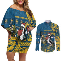 Nauru Christmas Couples Matching Off Shoulder Short Dress and Long Sleeve Button Shirt Frigatebird Bird Santa Tribal Waves - Polynesian Pride