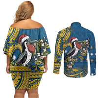 Nauru Christmas Couples Matching Off Shoulder Short Dress and Long Sleeve Button Shirt Frigatebird Bird Santa Tribal Waves - Polynesian Pride