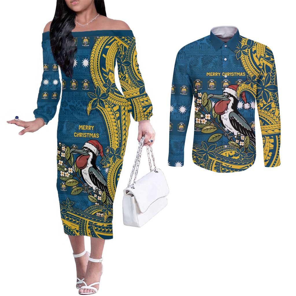 Nauru Christmas Couples Matching Off The Shoulder Long Sleeve Dress and Long Sleeve Button Shirt Frigatebird Bird Santa Tribal Waves - Polynesian Pride