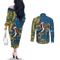 Nauru Christmas Couples Matching Off The Shoulder Long Sleeve Dress and Long Sleeve Button Shirt Frigatebird Bird Santa Tribal Waves - Polynesian Pride