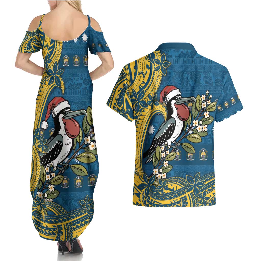 Nauru Christmas Couples Matching Summer Maxi Dress and Hawaiian Shirt Frigatebird Bird Santa Tribal Waves - Polynesian Pride