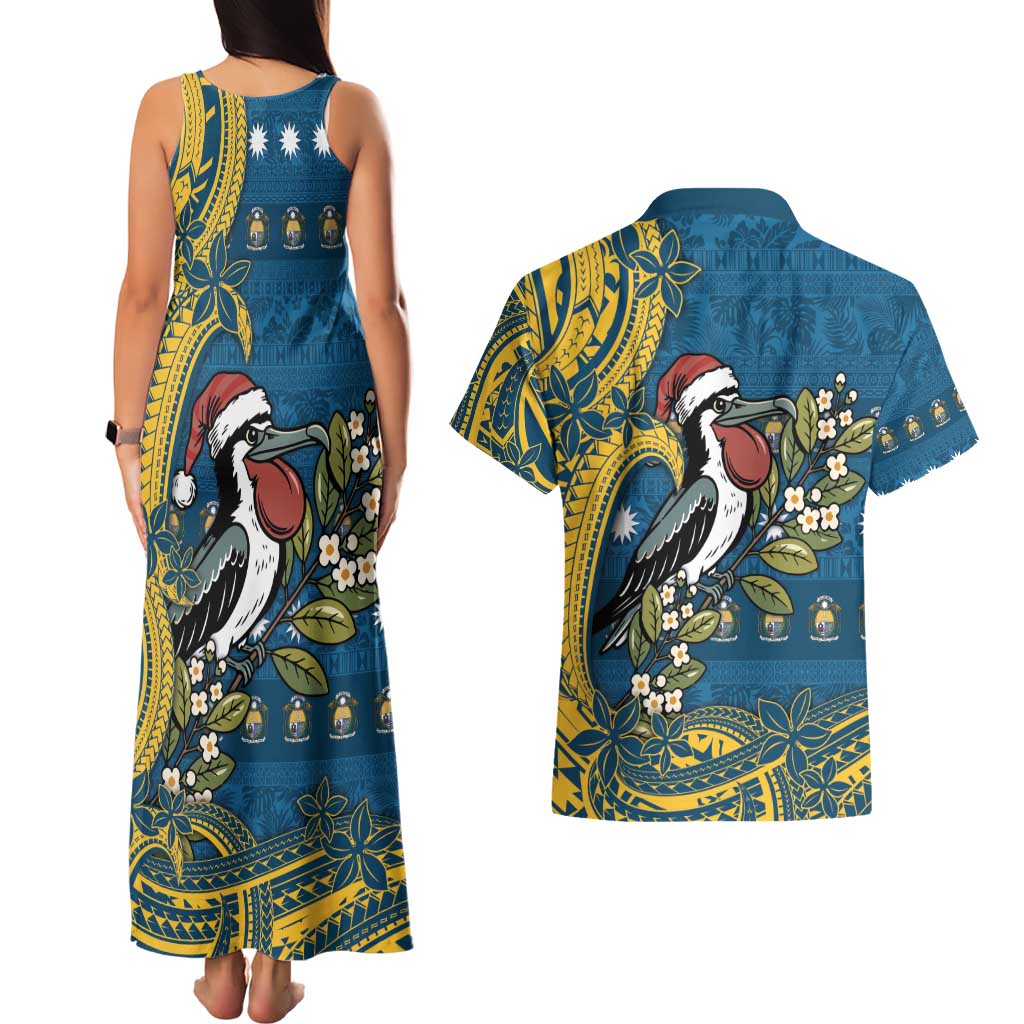 Nauru Christmas Couples Matching Tank Maxi Dress and Hawaiian Shirt Frigatebird Bird Santa Tribal Waves - Polynesian Pride