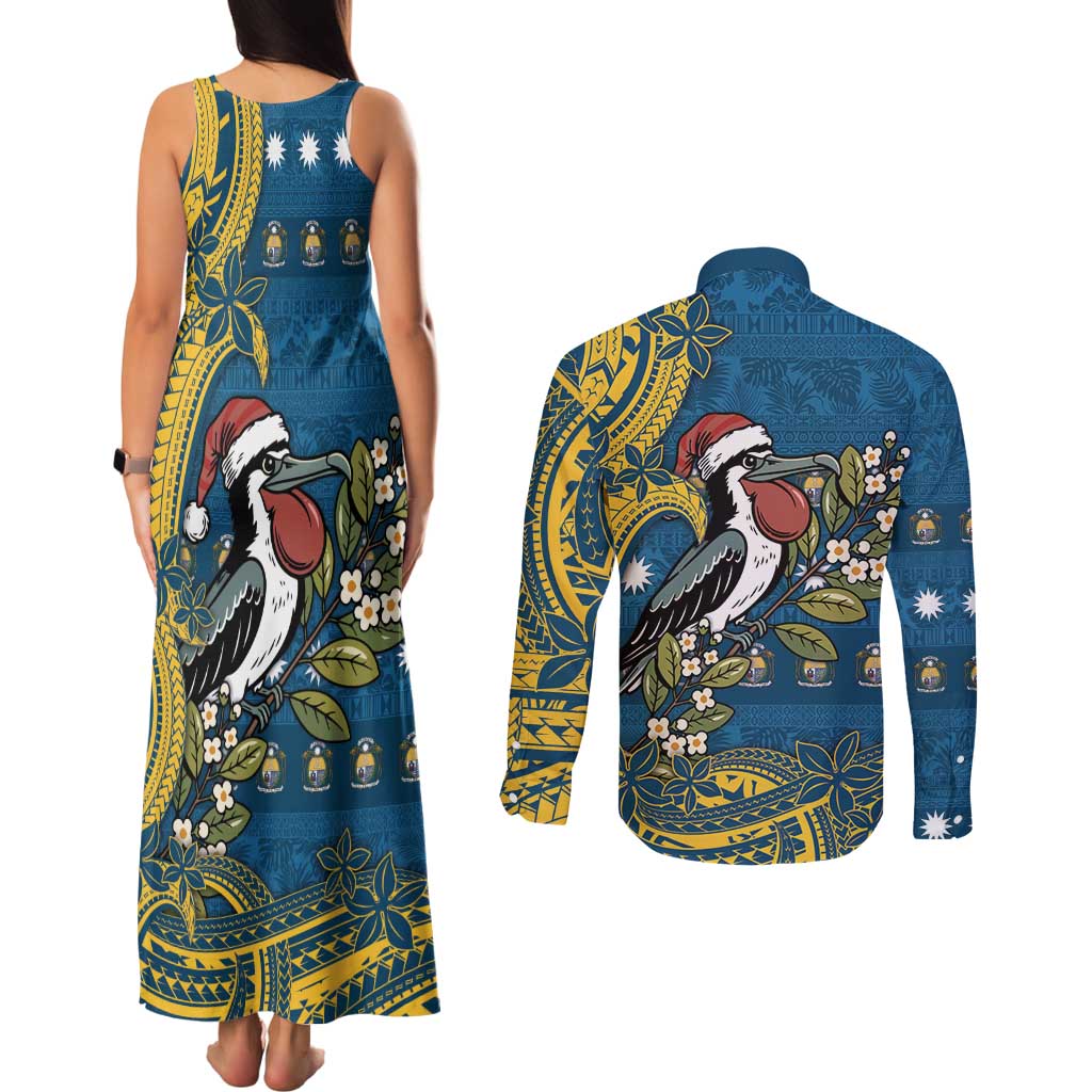 Nauru Christmas Couples Matching Tank Maxi Dress and Long Sleeve Button Shirt Frigatebird Bird Santa Tribal Waves - Polynesian Pride