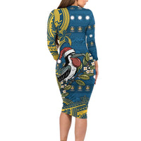 Nauru Christmas Family Matching Long Sleeve Bodycon Dress and Hawaiian Shirt Frigatebird Bird Santa Tribal Waves - Polynesian Pride