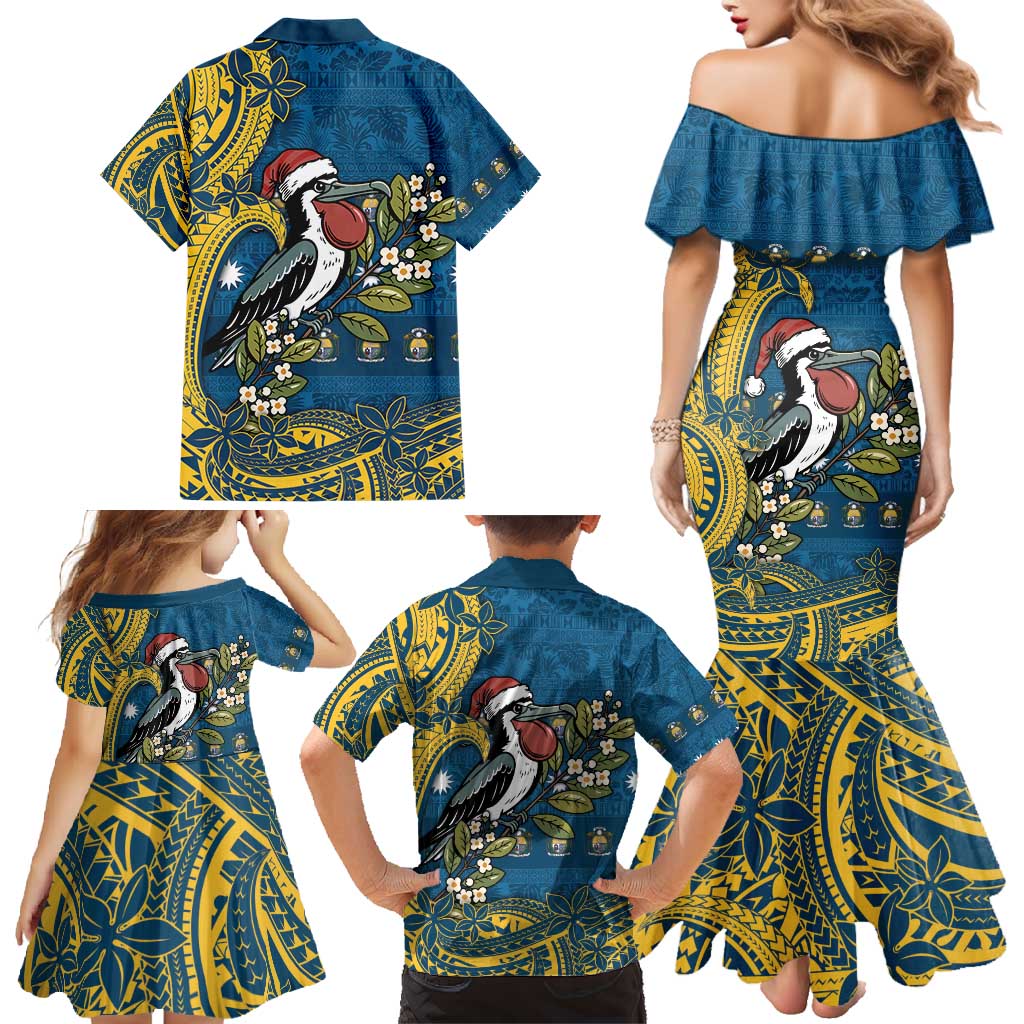 Nauru Christmas Family Matching Mermaid Dress and Hawaiian Shirt Frigatebird Bird Santa Tribal Waves - Polynesian Pride