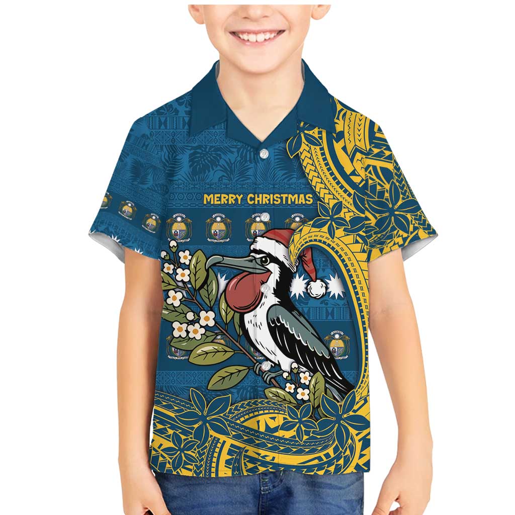 Nauru Christmas Family Matching Mermaid Dress and Hawaiian Shirt Frigatebird Bird Santa Tribal Waves - Polynesian Pride