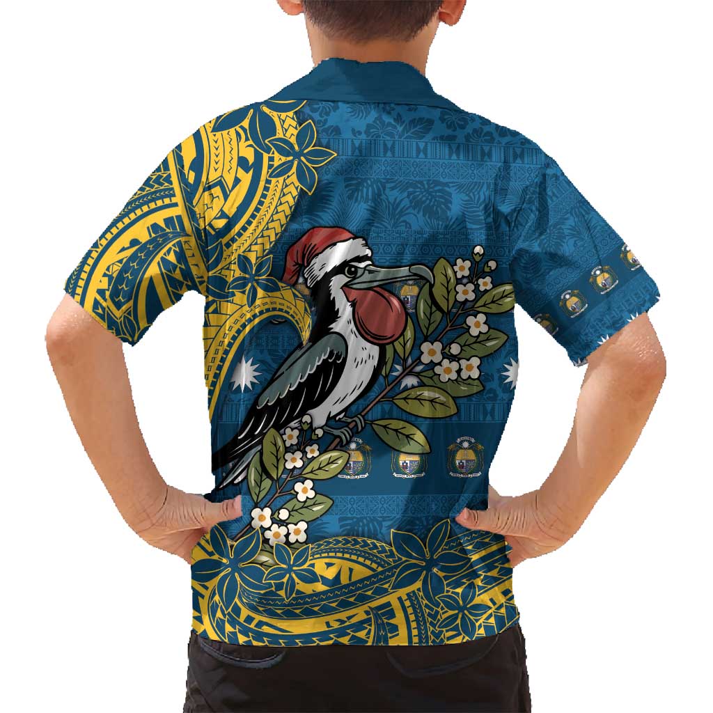 Nauru Christmas Family Matching Off Shoulder Maxi Dress and Hawaiian Shirt Frigatebird Bird Santa Tribal Waves - Polynesian Pride