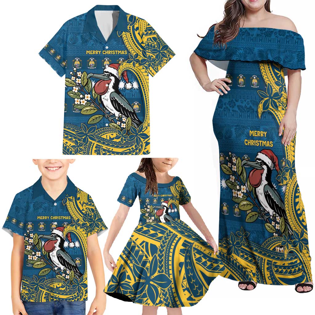 Nauru Christmas Family Matching Off Shoulder Maxi Dress and Hawaiian Shirt Frigatebird Bird Santa Tribal Waves - Polynesian Pride
