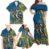 Nauru Christmas Family Matching Off Shoulder Maxi Dress and Hawaiian Shirt Frigatebird Bird Santa Tribal Waves - Polynesian Pride