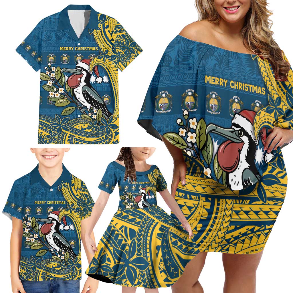 Nauru Christmas Family Matching Off Shoulder Short Dress and Hawaiian Shirt Frigatebird Bird Santa Tribal Waves - Polynesian Pride