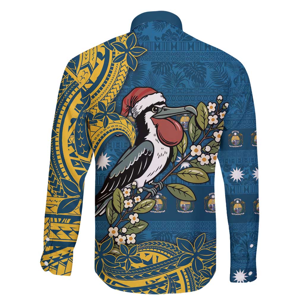 Nauru Christmas Family Matching Off Shoulder Short Dress and Hawaiian Shirt Frigatebird Bird Santa Tribal Waves - Polynesian Pride