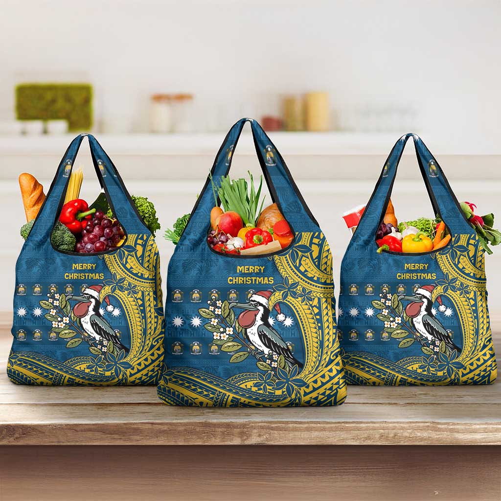 Nauru Christmas Grocery Bag Frigatebird Bird Santa Tribal Waves - Polynesian Pride