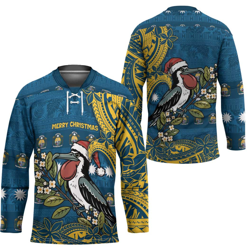Nauru Christmas Hockey Jersey Frigatebird Bird Santa Tribal Waves - Polynesian Pride