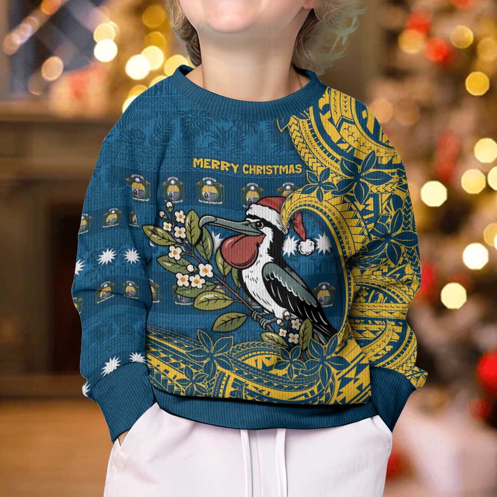 Nauru Christmas Kid Ugly Christmas Sweater Frigatebird Bird Santa Tribal Waves - Polynesian Pride