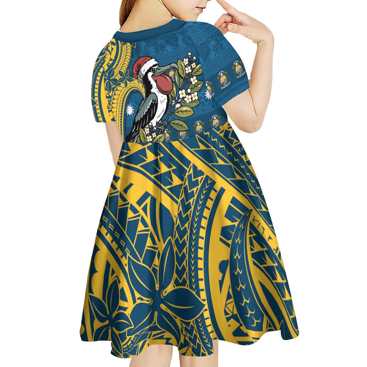 Nauru Christmas Kid Short Sleeve Dress Frigatebird Bird Santa Tribal Waves - Polynesian Pride