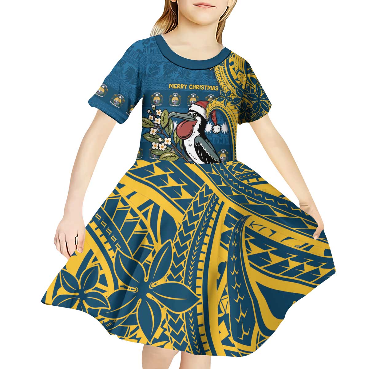 Nauru Christmas Kid Short Sleeve Dress Frigatebird Bird Santa Tribal Waves - Polynesian Pride