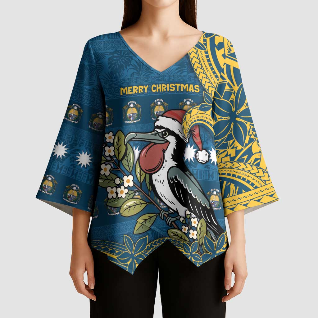 Nauru Christmas Kimono Sleeve Blouse Frigatebird Bird Santa Tribal Waves - Polynesian Pride