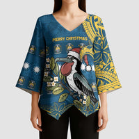 Nauru Christmas Kimono Sleeve Blouse Frigatebird Bird Santa Tribal Waves - Polynesian Pride