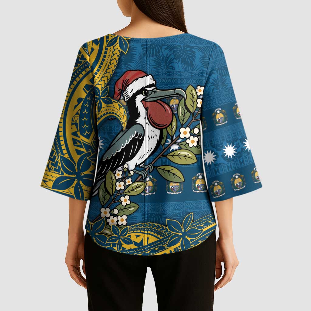 Nauru Christmas Kimono Sleeve Blouse Frigatebird Bird Santa Tribal Waves - Polynesian Pride