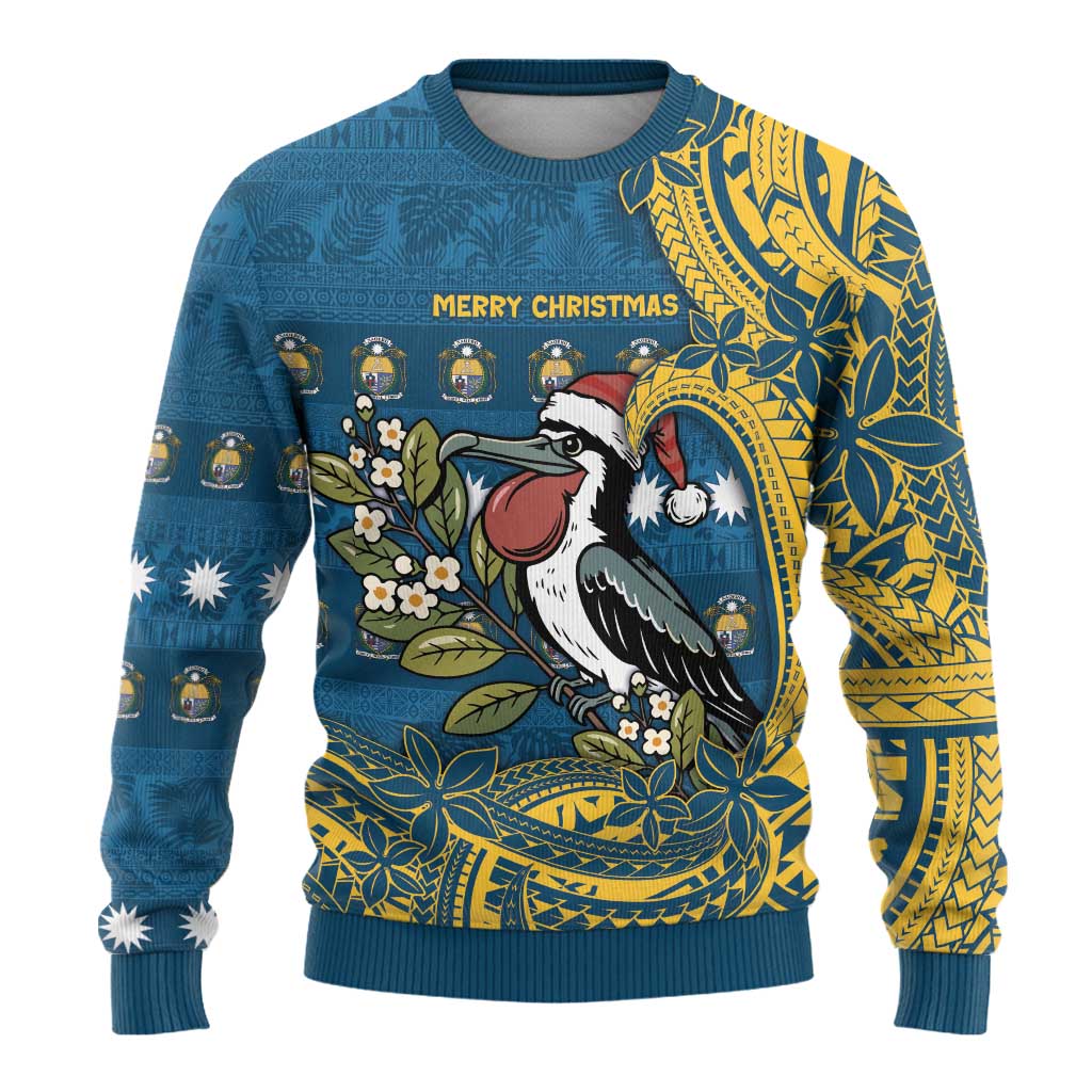 Nauru Christmas Ugly Christmas Sweater Frigatebird Bird Santa Tribal Waves - Polynesian Pride