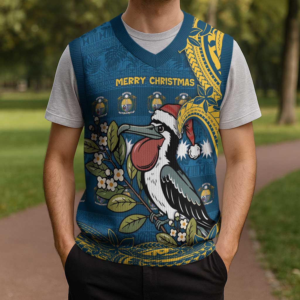 Nauru Christmas Knitted V-Neck Vest Frigatebird Bird Santa Tribal Waves - Polynesian Pride