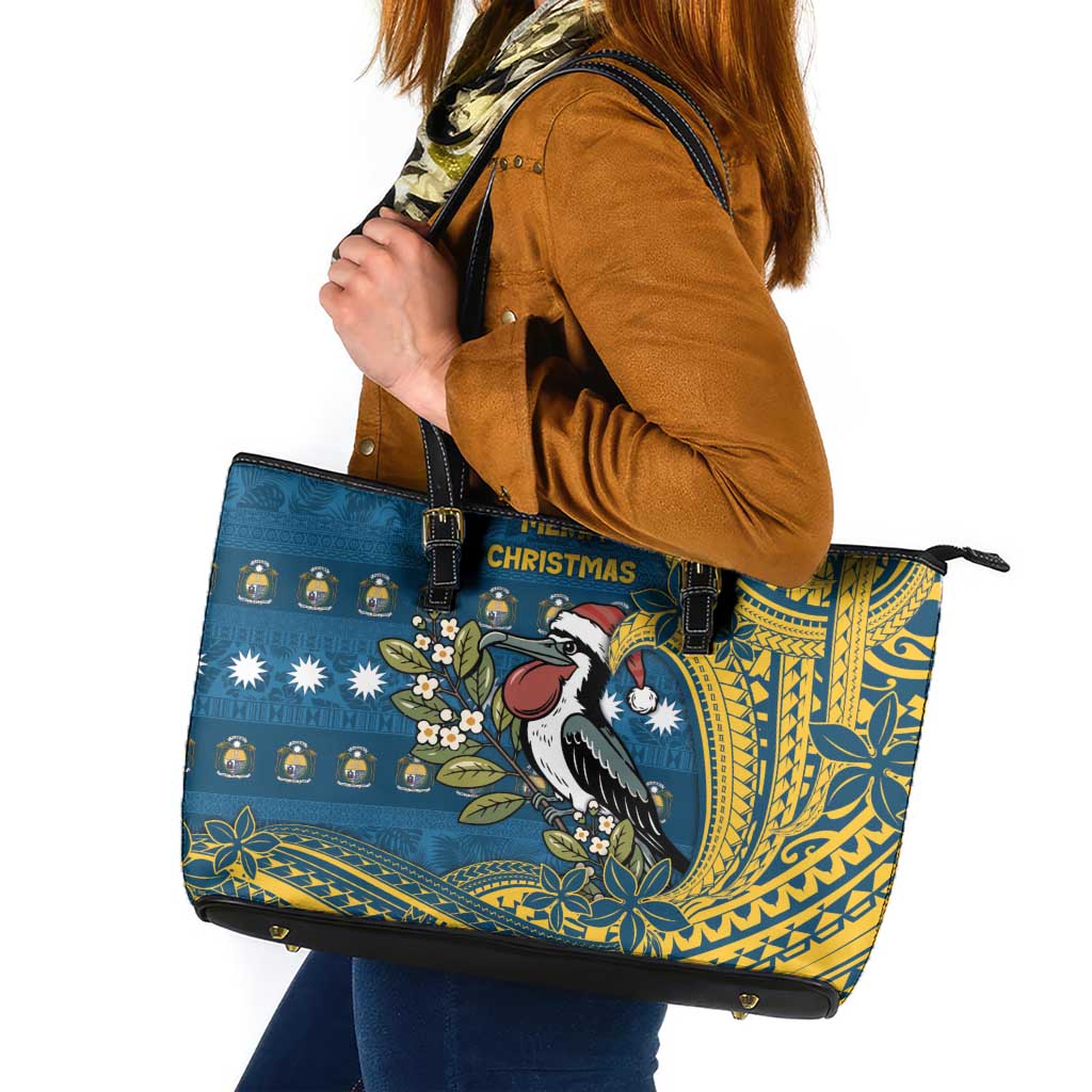 Nauru Christmas Leather Tote Bag Frigatebird Bird Santa Tribal Waves - Polynesian Pride