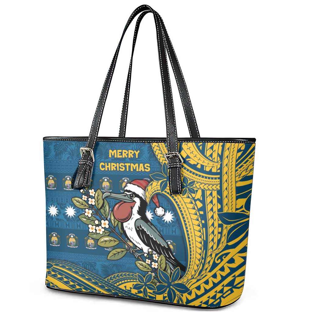Nauru Christmas Leather Tote Bag Frigatebird Bird Santa Tribal Waves - Polynesian Pride