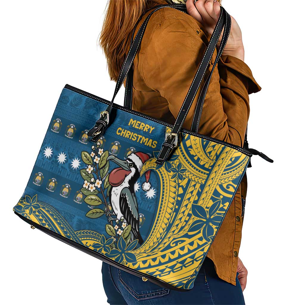 Nauru Christmas Leather Tote Bag Frigatebird Bird Santa Tribal Waves - Polynesian Pride