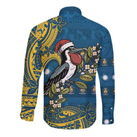 Nauru Christmas Long Sleeve Button Shirt Frigatebird Bird Santa Tribal Waves - Polynesian Pride