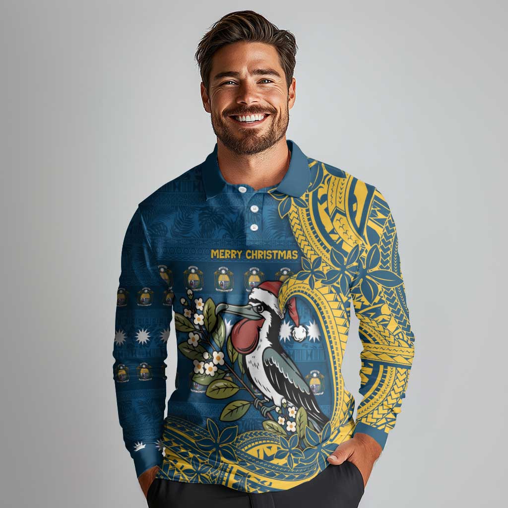 Nauru Christmas Long Sleeve Polo Shirt Frigatebird Bird Santa Tribal Waves - Polynesian Pride