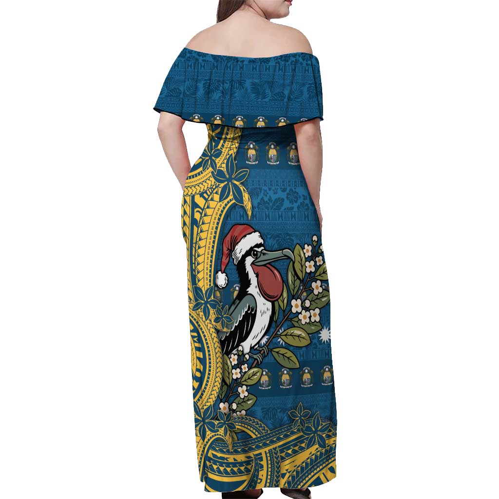 Nauru Christmas Off Shoulder Maxi Dress Frigatebird Bird Santa Tribal Waves - Polynesian Pride