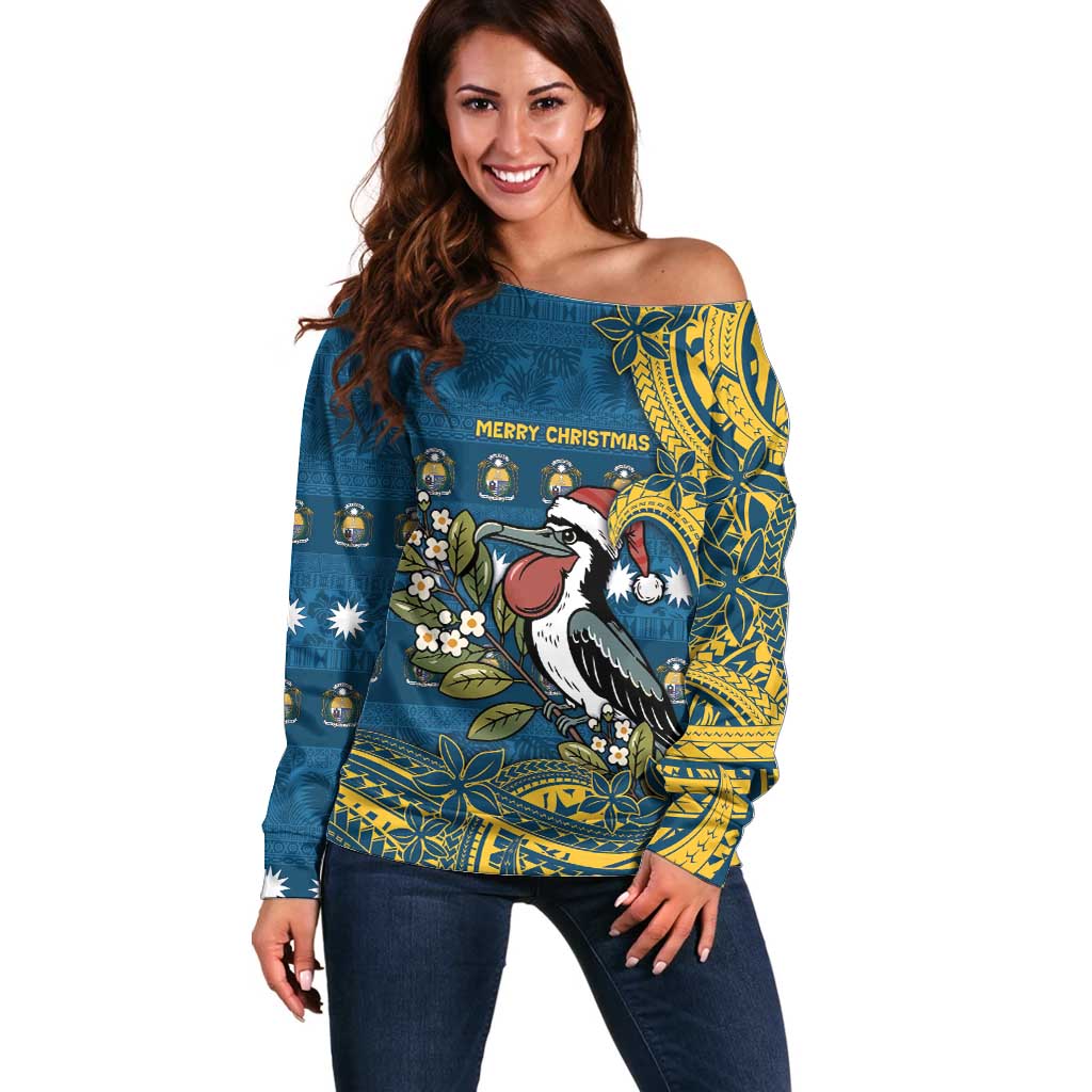 Nauru Christmas Off Shoulder Sweater Frigatebird Bird Santa Tribal Waves - Polynesian Pride