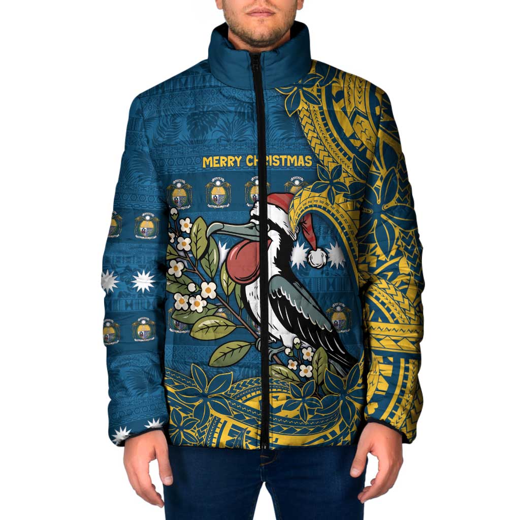 Nauru Christmas Padded Jacket Frigatebird Bird Santa Tribal Waves - Polynesian Pride