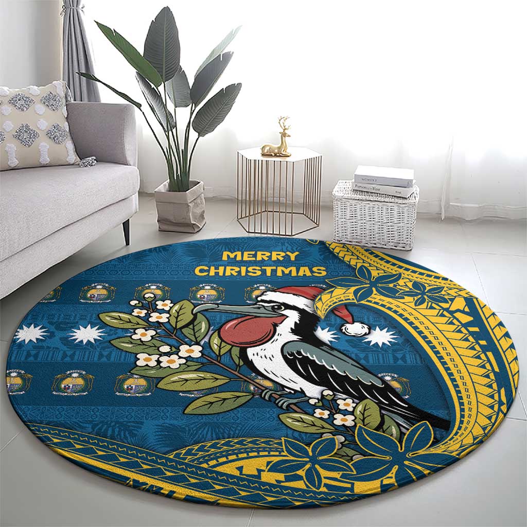 Nauru Christmas Round Carpet Frigatebird Bird Santa Tribal Waves - Polynesian Pride