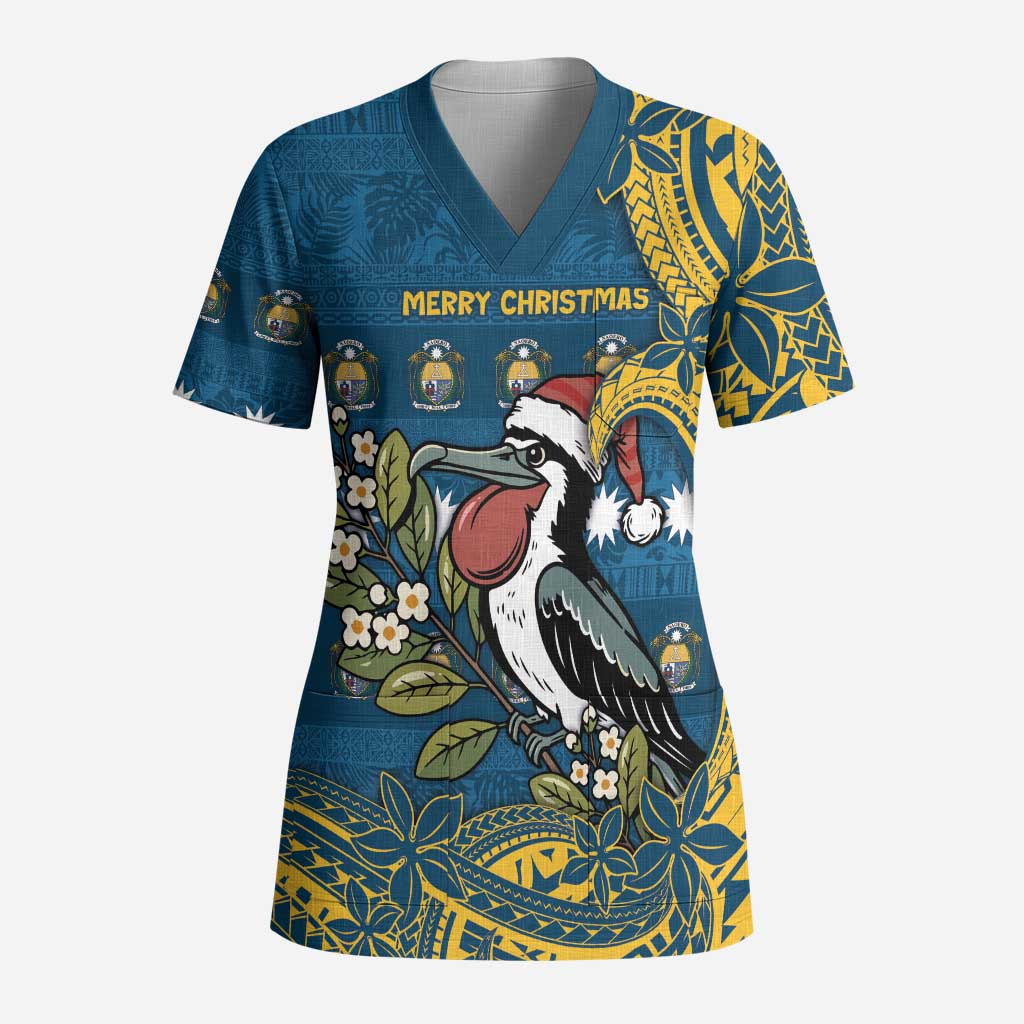 Nauru Christmas Scrub Top Frigatebird Bird Santa Tribal Waves - Polynesian Pride