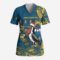 Nauru Christmas Scrub Top Frigatebird Bird Santa Tribal Waves - Polynesian Pride