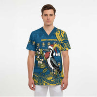 Nauru Christmas Scrub Top Frigatebird Bird Santa Tribal Waves - Polynesian Pride