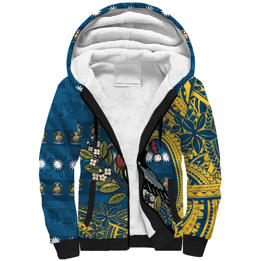 Nauru Christmas Sherpa Hoodie Frigatebird Bird Santa Tribal Waves - Polynesian Pride