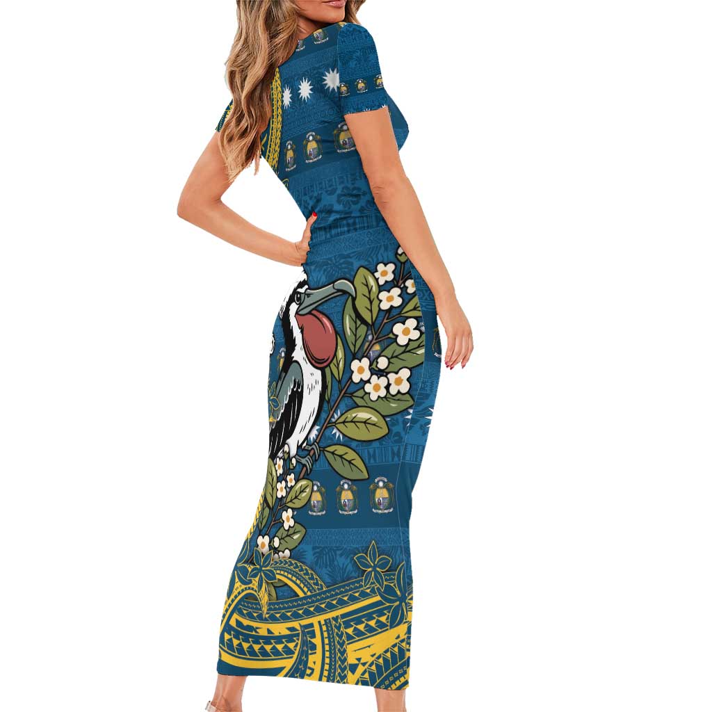 Nauru Christmas Short Sleeve Bodycon Dress Frigatebird Bird Santa Tribal Waves - Polynesian Pride