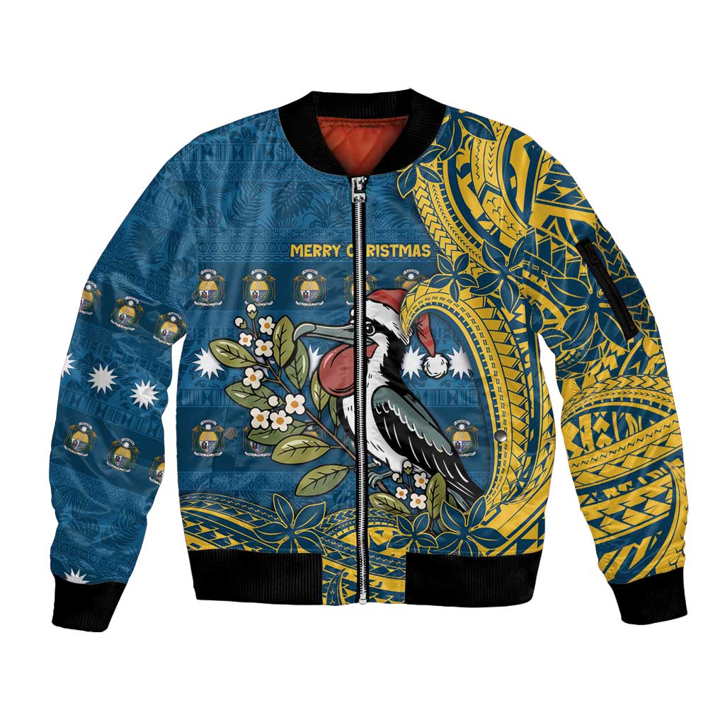 Nauru Christmas Sleeve Zip Bomber Jacket Frigatebird Bird Santa Tribal Waves - Polynesian Pride