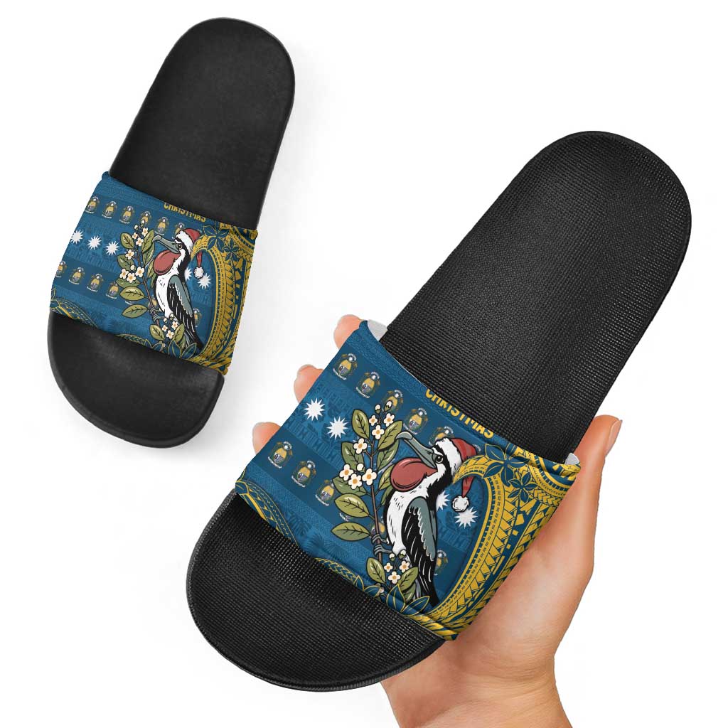 Nauru Christmas Slide Sandals Frigatebird Bird Santa Tribal Waves - Polynesian Pride