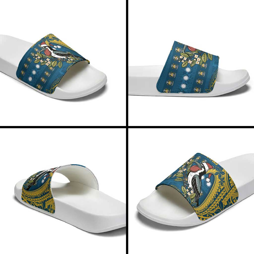 Nauru Christmas Slide Sandals Frigatebird Bird Santa Tribal Waves - Polynesian Pride