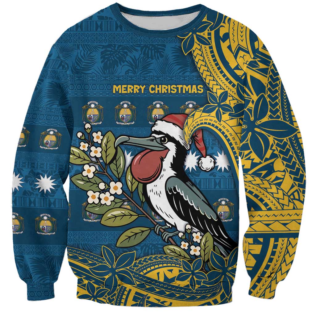 Nauru Christmas Sweatshirt Frigatebird Bird Santa Tribal Waves - Polynesian Pride