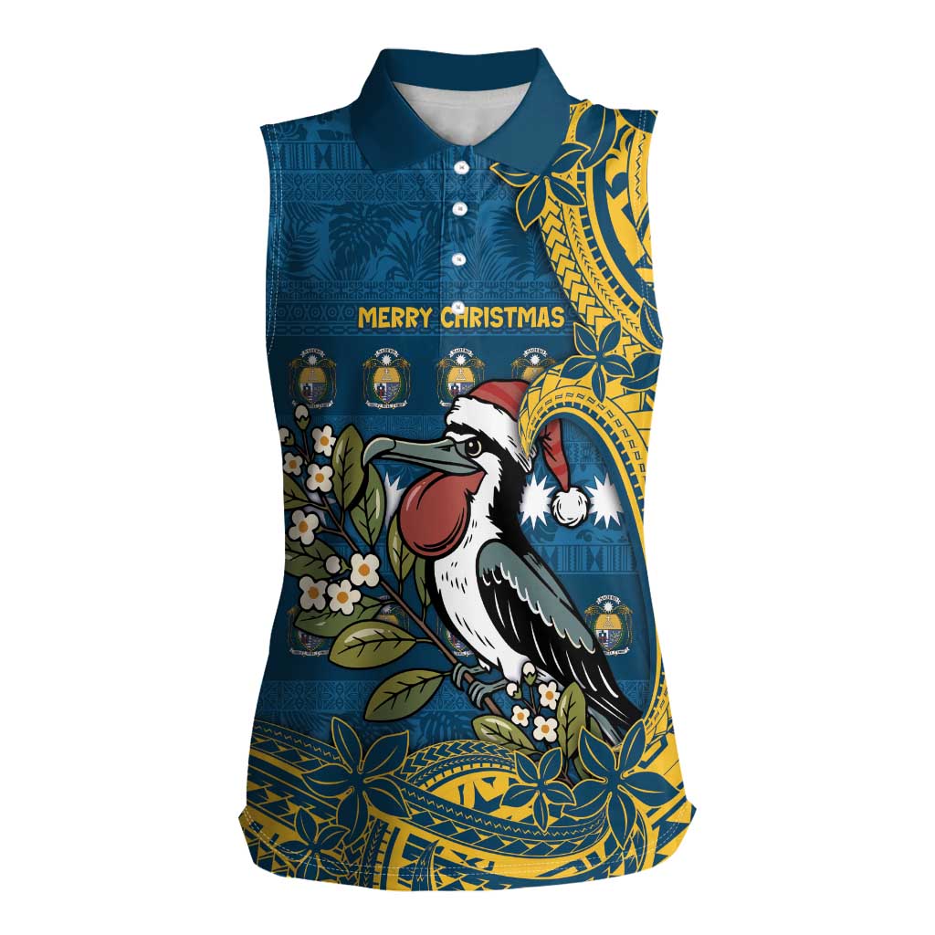Nauru Christmas Women Sleeveless Polo Shirt Frigatebird Bird Santa Tribal Waves - Polynesian Pride
