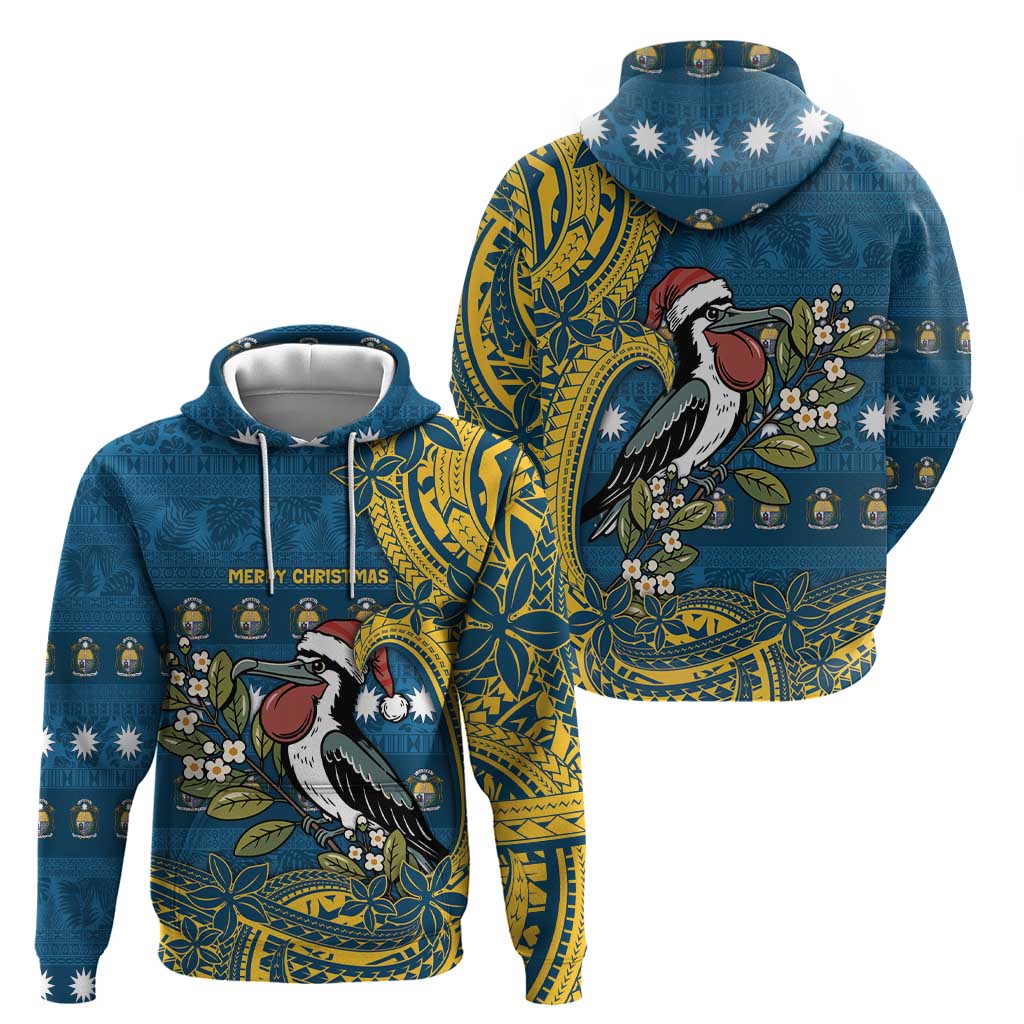 Nauru Christmas Zip Hoodie Frigatebird Bird Santa Tribal Waves - Polynesian Pride