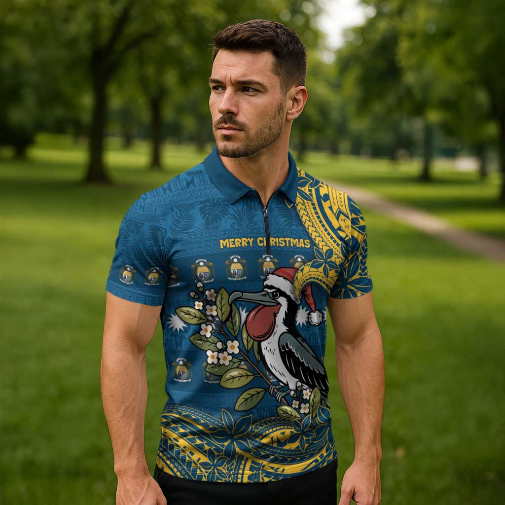 Nauru Christmas Zipper Polo Shirt Frigatebird Bird Santa Tribal Waves - Polynesian Pride