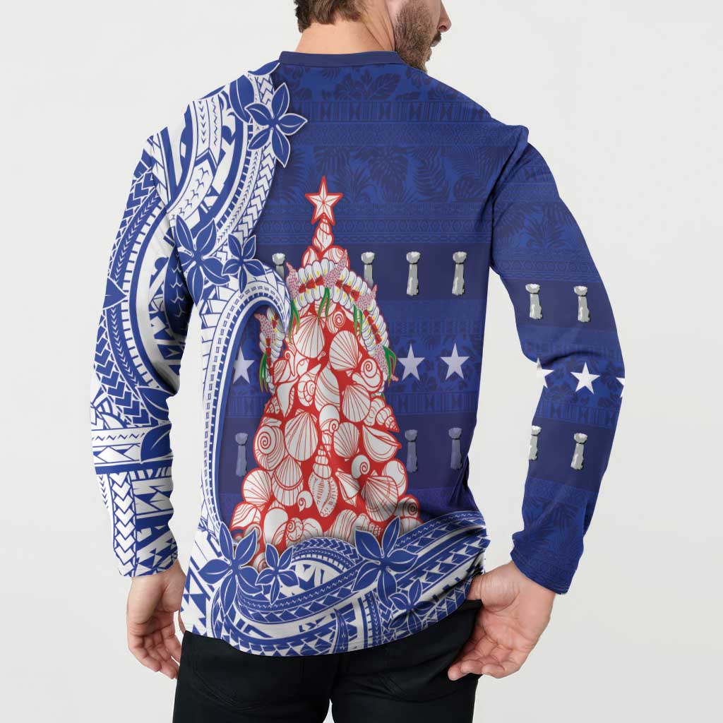 Northern Mariana Islands Christmas Button Sweatshirt Seashell Xmas Tree Tribal Waves - Polynesian Pride